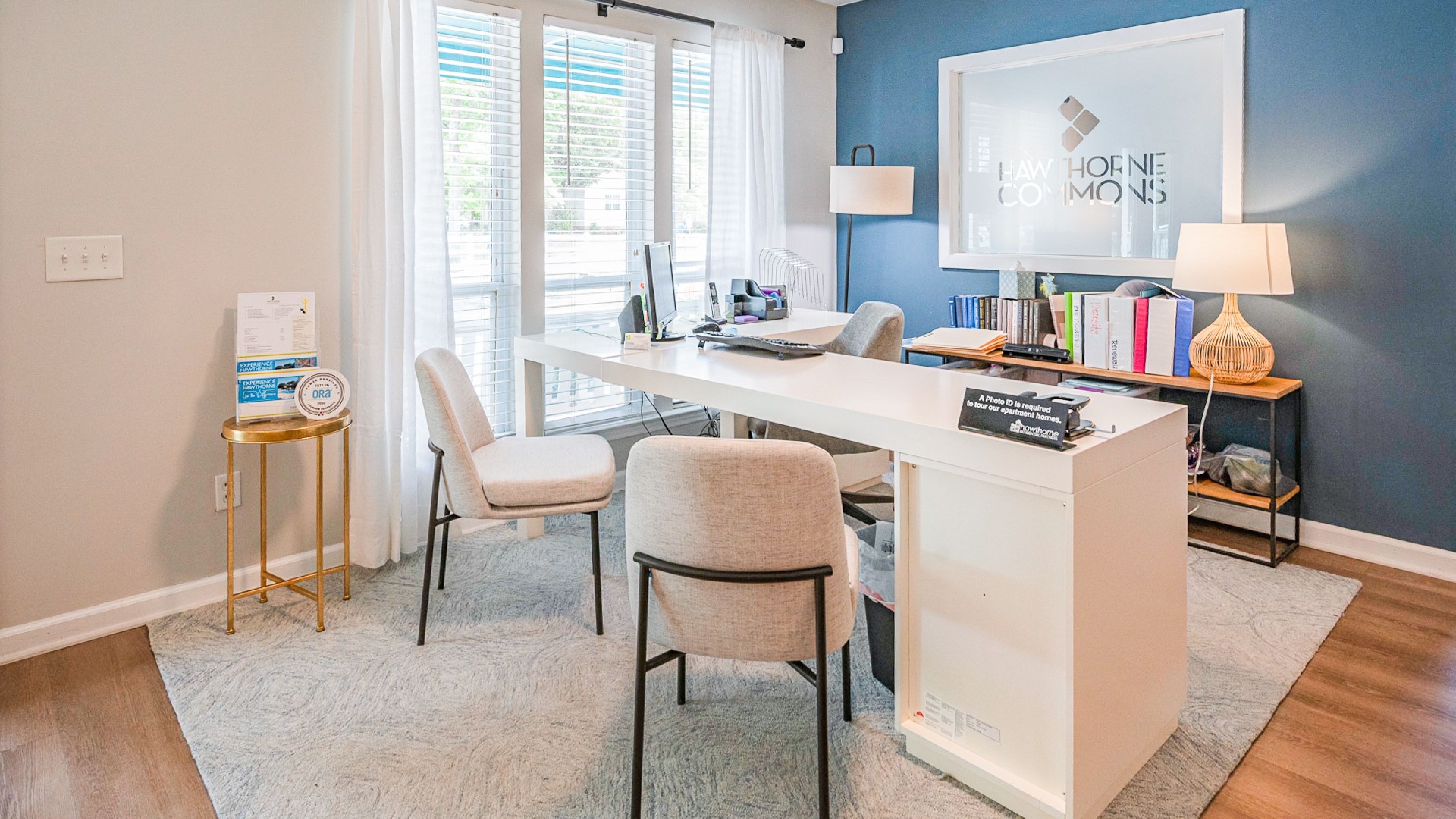 Hawthorne Commons bright leasing office with modern furnishing and large windows